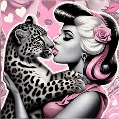 a painting of a woman kissing a cheetah on the cheek with hearts in the background