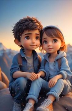 two children sitting on top of a mountain with their arms around each other's shoulders