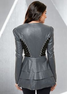 Back view Lace Up Faux Leather Jacket Vest Jacket Outfit, Leather Jacket Outfit Fall, Fall Jackets Outfit, Venus Clothing, Casual Fall Jacket, Cute Fall Fashion, Peplum Coat, Plus Size Jackets, Venus Swimwear