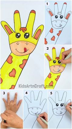 step by step instructions on how to draw a giraffe with hands and fingers