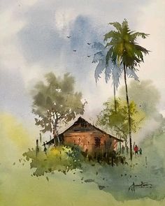 a watercolor painting of a house in the jungle with palm trees and birds flying overhead