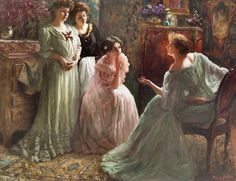 an image of three women talking to each other in the living room with flowers on the table