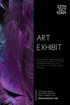 an advertisement for art exhibition with purple leaves