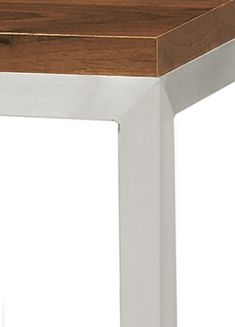 a close up of a wooden table with metal legs and a wood top on a white background