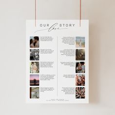 a white poster hanging on a wall with the words our story written below it and photos