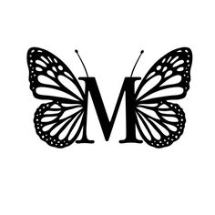 a black and white butterfly with the letter m on it