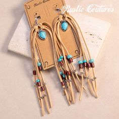 Bohemian Suede Tassel Statement Earring Material：Silver-tone metal and turquoise stones Leather tassel turquoise beads Size：2.6″（H）×0.5″(W) Diy Western Accessories, Leather Earrings Diy, Jean Jewelry, Boho Leather Jewelry, Suede Earrings, Earrings Handmade Boho, Fringe Jewelry, Handmade Leather Jewelry, Diy Jewelry Rings