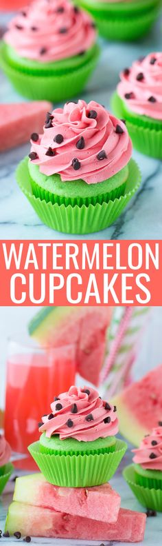 watermelon cupcakes with pink frosting and chocolate chips