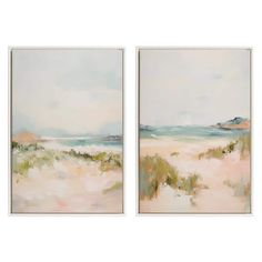 two paintings on the wall, one with an ocean view and one with sand dunes