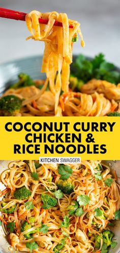 coconut curry chicken and rice noodles with broccoli