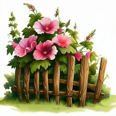 a wooden fence with pink flowers growing on it and green leaves around the top part