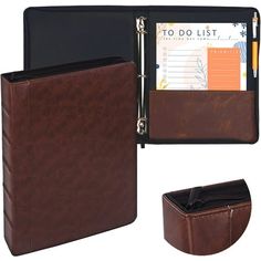 a brown binder with a note book and pen in it next to a wallet