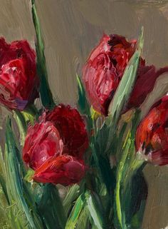 a painting of red flowers in a vase