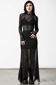 Looks Hippie, Killstar Clothing, Mesh Maxi Skirt, Goth Outfit, Maxi Rok, Hanky Hem, Mesh Overlay, Goth Outfits