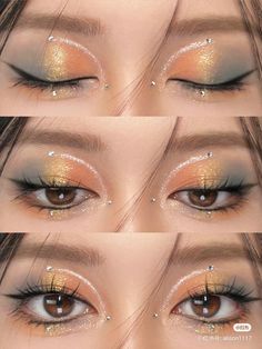 Bead Makeup Looks, Makeup For Denim Outfit, Glitter Eyeshadow Looks, Makeup Layout, Eyeshadow Styles, Pretty Eye Makeup, Doll Eye Makeup