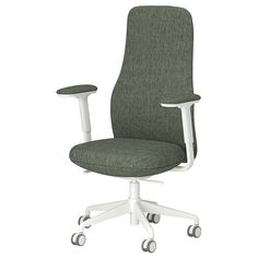 an office chair with wheels on the back and seat upholstered in green fabric