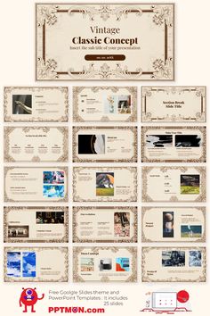 an old fashioned presentation board with many different images and text on the front, side and back