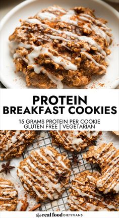 a plate with cookies covered in icing and drizzled on top, next to the words protein breakfast cookies