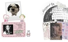 a collage of photos and pictures with a dog in the middle one has a disco ball on it