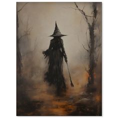 a painting of a wizard walking through the woods with a broom in his hand and wearing a hat