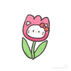 a drawing of a hello kitty sitting on top of a pink flower with green leaves