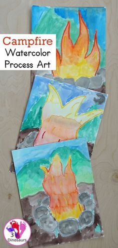 three watercolor paintings with the words campfire and fire on them, in front of a