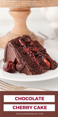 a slice of chocolate cherry cake on a plate