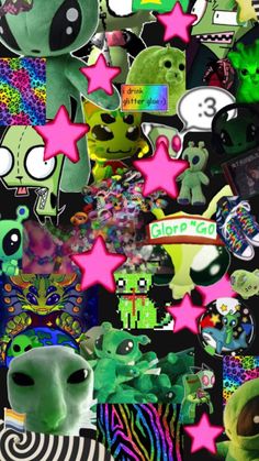 a collage of various stickers with different colors and sizes, including one green alien