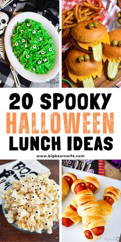 halloween party food and decorations with text overlay that reads 20 spooky halloween lunch ideas