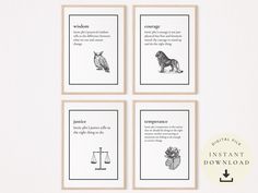 four cards with different animals on them in black and white, each containing an animal's zodiac sign