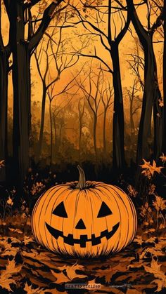 a jack o lantern pumpkin in the woods