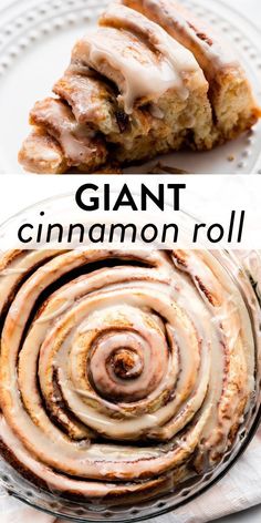 cinnamon roll on a plate with text overlay