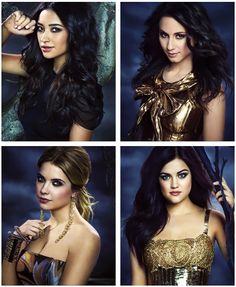 four different pictures of a woman with long hair wearing gold and black clothing, posing for the camera