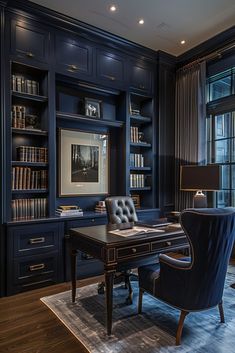 a home office with built in bookshelves and leather chairs