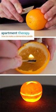 an orange being cut into pieces with a light in the middle and on top of it