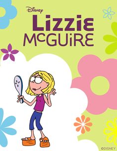 a cartoon character holding a tennis racket in front of flowers and the words lizie mcguire