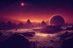 an artist's rendering of a distant planet in the distance with mountains and rocks