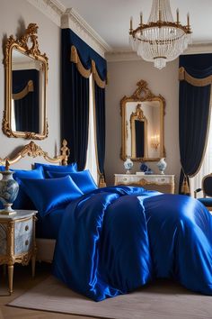 a bed with blue sheets and pillows in a bedroom next to a chandelier