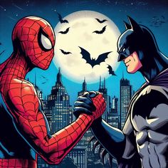 spider - man and batman in front of a full moon with bats flying over the city