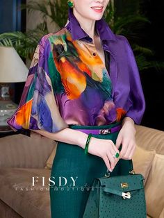 Fisdy - Elegant Floral Blouse with a Relaxed Shirt Collar Floral Blouse Outfit, Purple Clothes, Shirt Collar Pattern, Buy Blouse, Silk Shirts, Turtleneck T Shirt, Loose Shirt, Color Harmony, Chiffon Long Sleeve