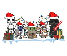 star wars characters in christmas hats and costumes with lightsaben, darth vader, c - 3po