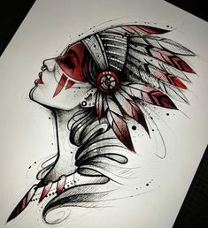 a drawing of a woman's head with feathers on her head and red eyes