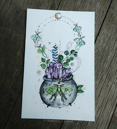 a card with an image of a potted plant and butterflies on it's side