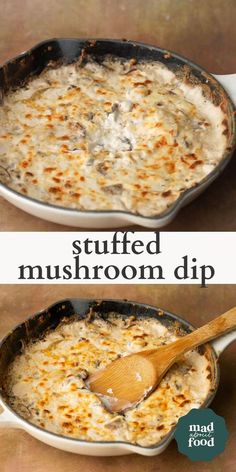 two pictures showing different types of food in the same pan and one has a wooden spoon