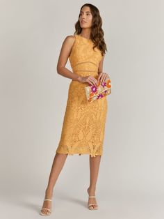 Crochet Lace Illusion Waist Midi Dress - Just Me | New York & Company Summer Lace Midi Dress For Night Out, Summer Lace Dress For Night Out, Midi Length, Yellow Lace Dress For Spring, Feminine Yellow Evening Dress, Chic Spring Lace Dress For Party, Chic Sleeveless Lace Dress For Dress Down Occasions, Chic Lace Dress For Spring Party, Chic Spring Party Lace Dress, Summer Lace Dress For Date Night, Knee-length