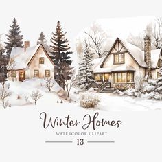 winter houses watercolor clipart with trees and snow on the ground in front of them