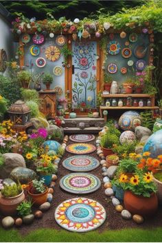 a garden filled with lots of different types of flowers and plants on top of rocks