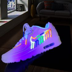 Custom AIR MAX 90 ) 3d colourful custom glow in the dark shoes with luminous neon ticks. ❤️Best gift for your loved ones. ❤Each pair is uniquely painted and one of a kind. ❤Painted waterproof and scratchproof. ❤We add a free blacklight torch for you to charge your shoes. ❤The custom design is luminous can absorb light and glow in the dark.  ❤️They can be charged by sun during the day or you can use black light torch. The paint used for each shoe are premium and the sneakers are 100% Authentic. - Glow In The Dark Shoes, Neon Nike Shoes, Custom Jordan Shoes, Neon Sneakers, Nike Shoes Women Fashion, Pretty Sneakers, Custom Jordans, Futuristic Shoes, Custom Shoes Diy