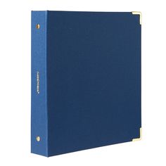 a blue binder on a white background with gold trimmings and two holes in the middle