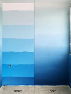 a bathroom with blue and white paint on the walls, before and after it has been painted